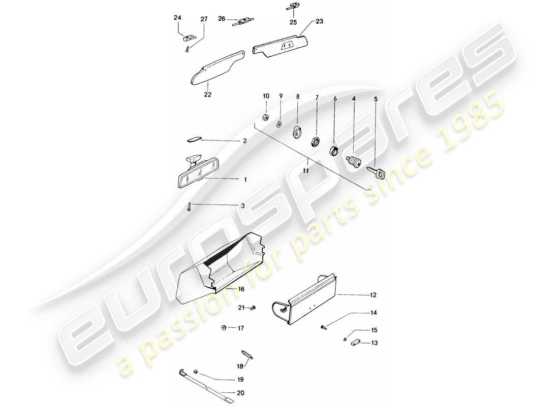 porsche 1971 (914) rear view mirror inner - glove box - sun vizor part diagram