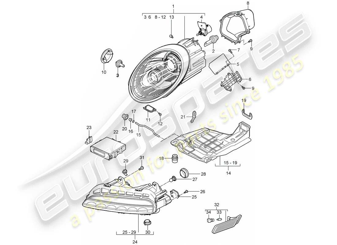 porsche 2010 (997-2 gt3) headlamp parts diagram