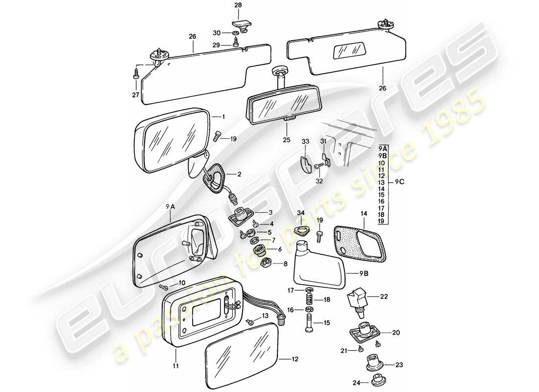 porsche 1986 (924s) rear-view mirror - sun vizor parts diagram