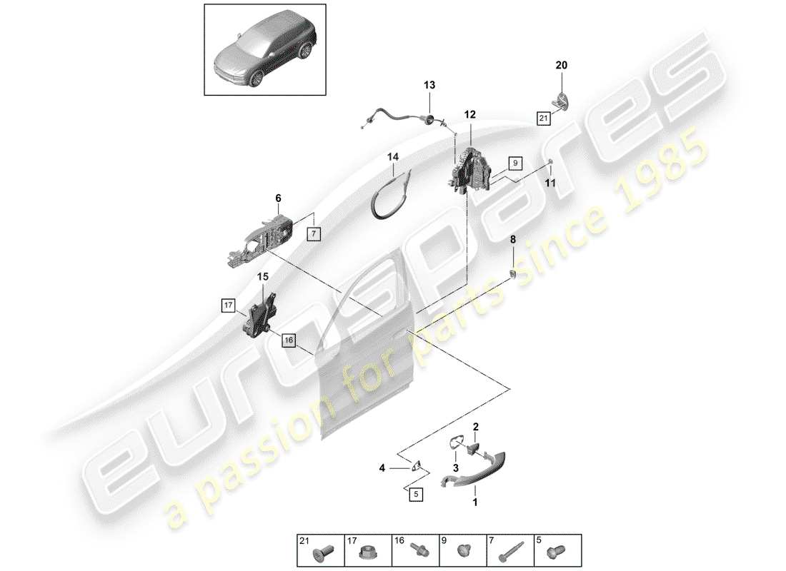 porsche 2018 (cayenne e3 9ya/9yb) door handle, exterior front door lock parts diagram