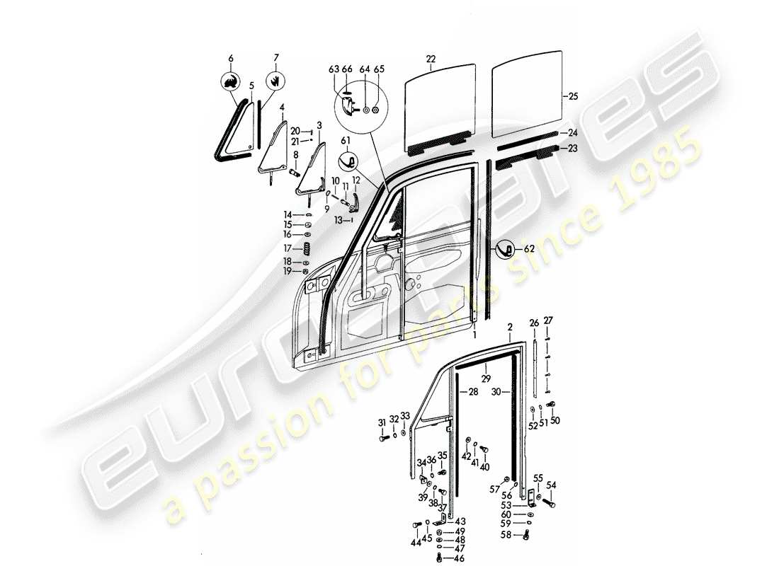 porsche 1961 (356b/356c) window frame - side window - door window part diagram