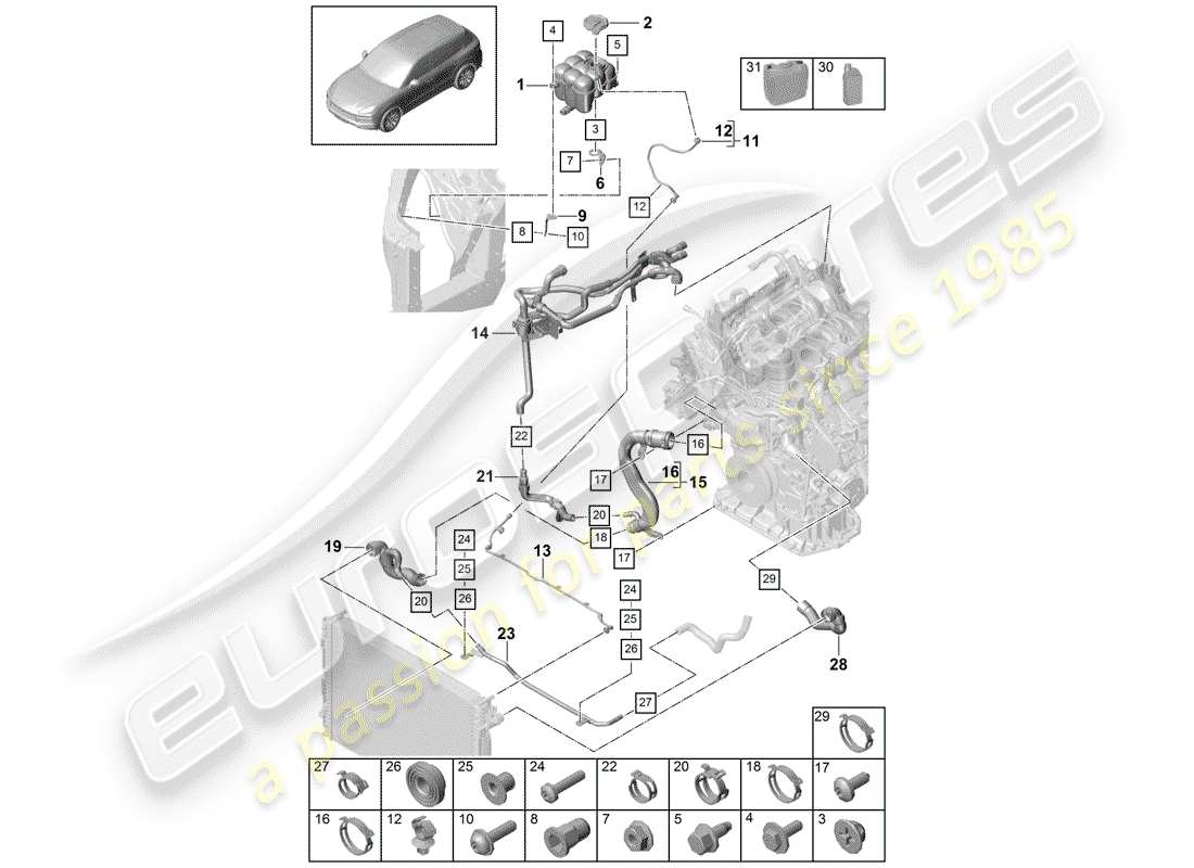 porsche 2019 (cayenne e3 9ya/9yb) coolant cooling system coolant expansion tank coolant pipe parts diagram