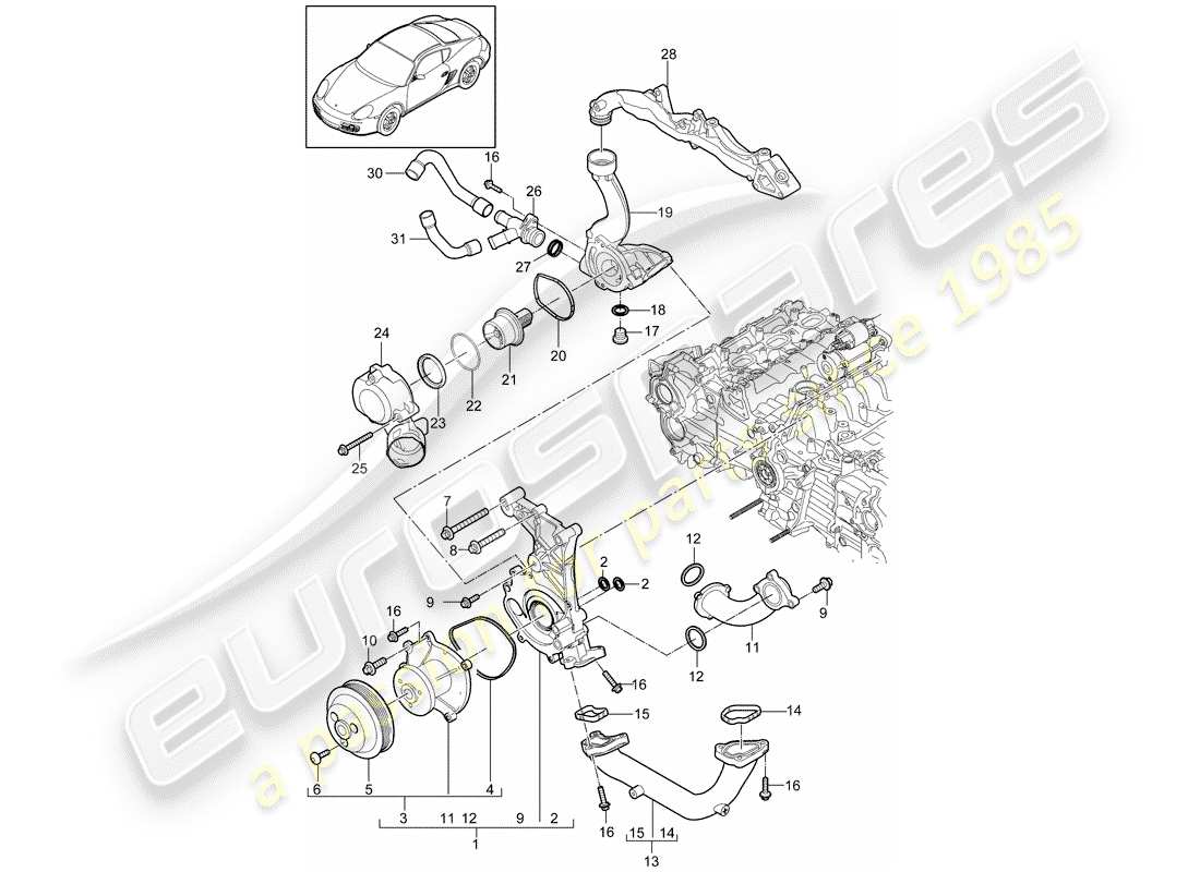 porsche 2012 (987 cayman) coolant pump thermostat housing part diagram