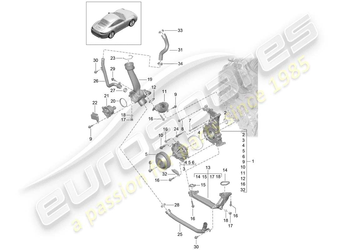 porsche 2016 (991-1) coolant pump thermostat housing parts diagram