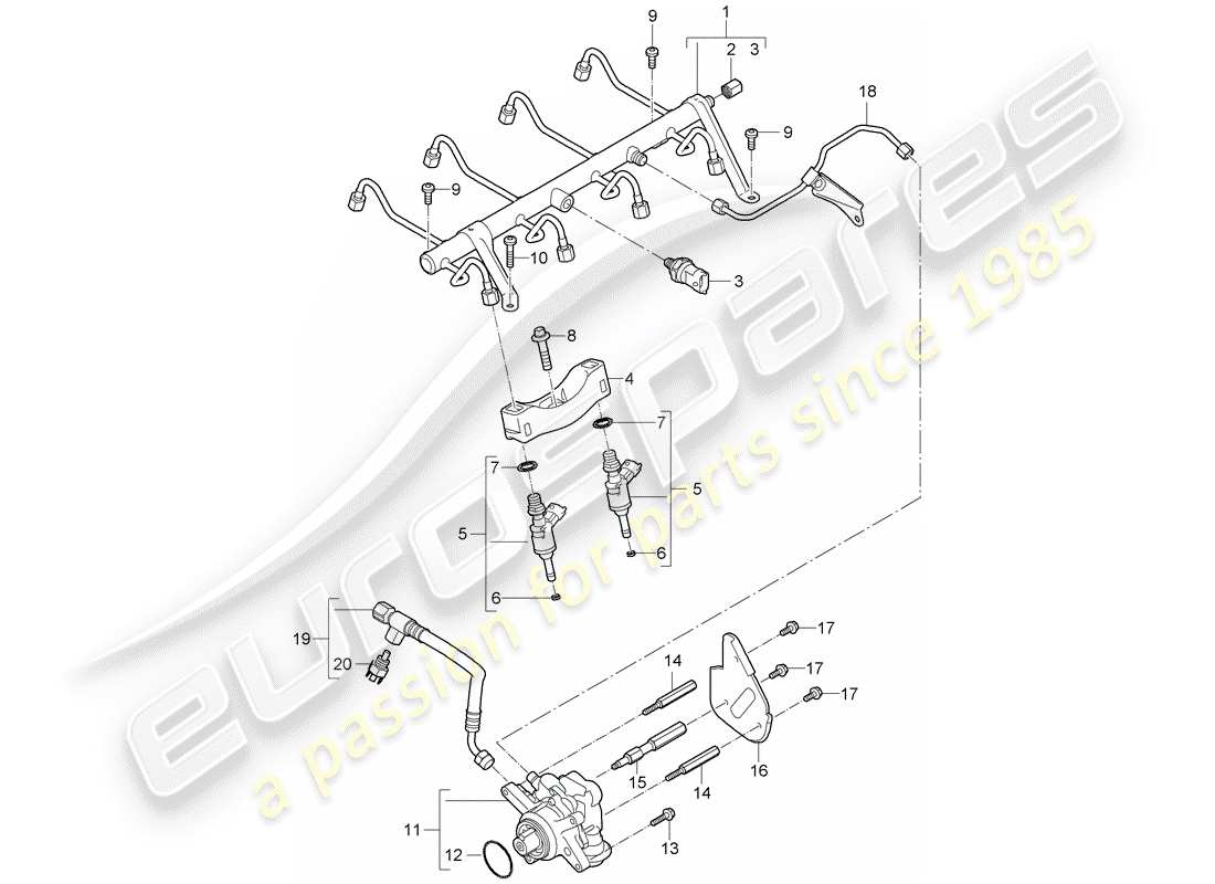 porsche 2009 (cayenne e1 9pa) fuel collection pipe high-pressure injector high pressure pump parts diagram