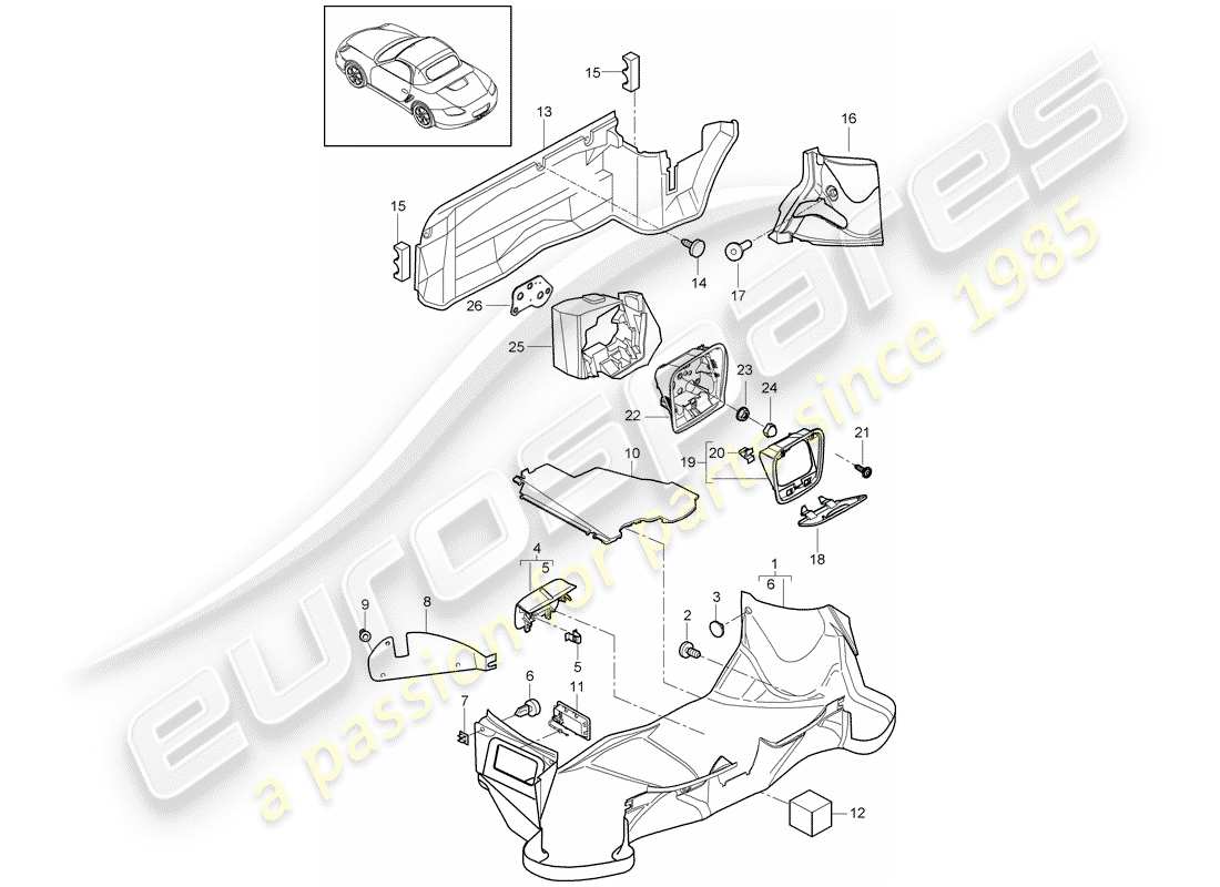 porsche 2010 (987 boxster) luggage boot trims rear parts diagram