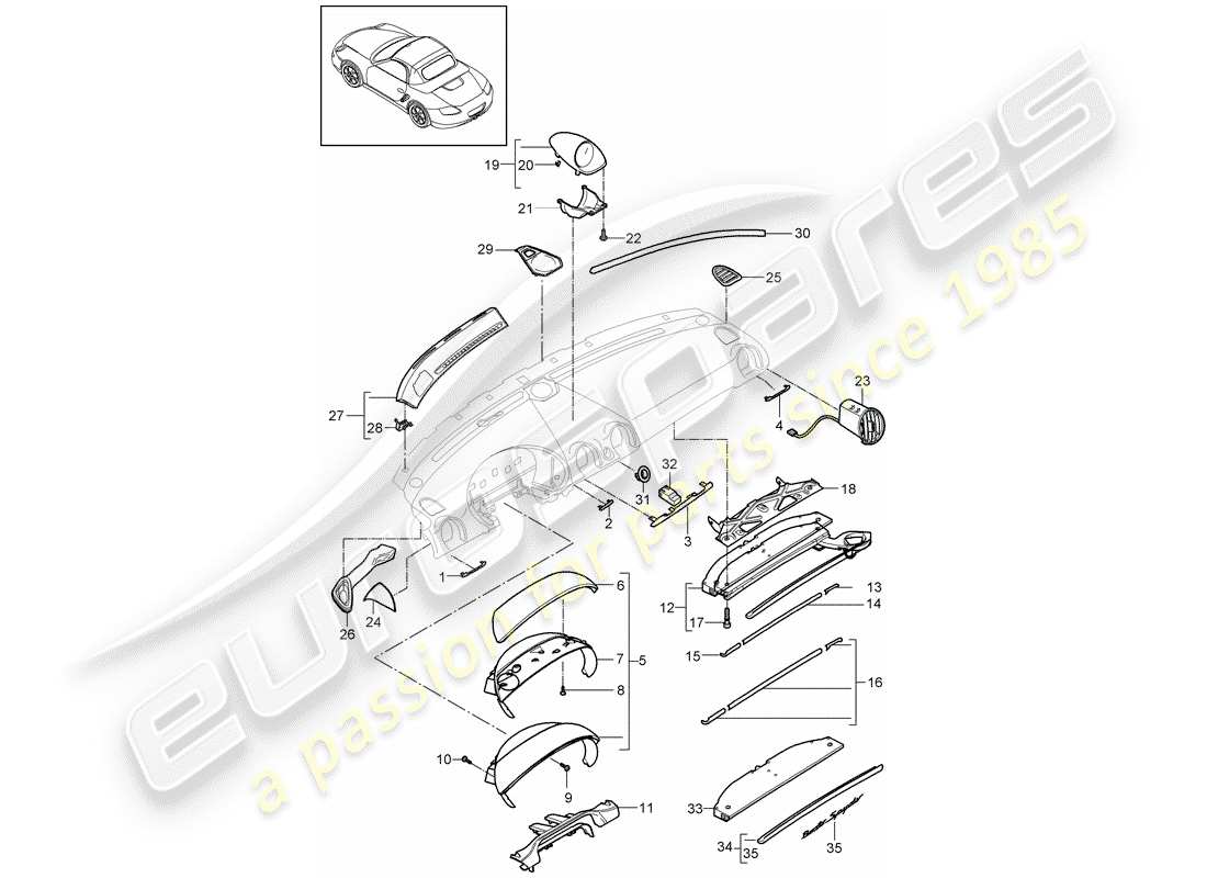 porsche 2009 (987 boxster) instrument panel trim upper part with: accessories parts diagram