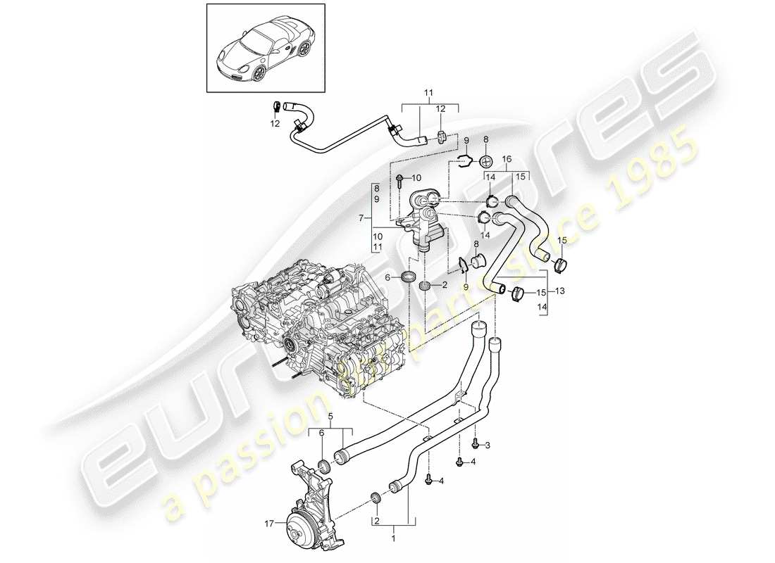 porsche 2009 (987 boxster) junction water pipe parts diagram