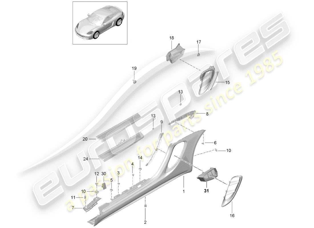 porsche 2017 (718 cayman) side member trim and air guide engine bay part diagram