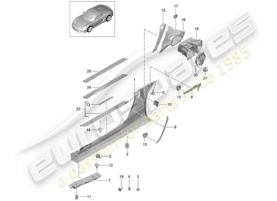 porsche 2016 (981 boxster spyder) side member trim and air guide fan engine bay parts diagram