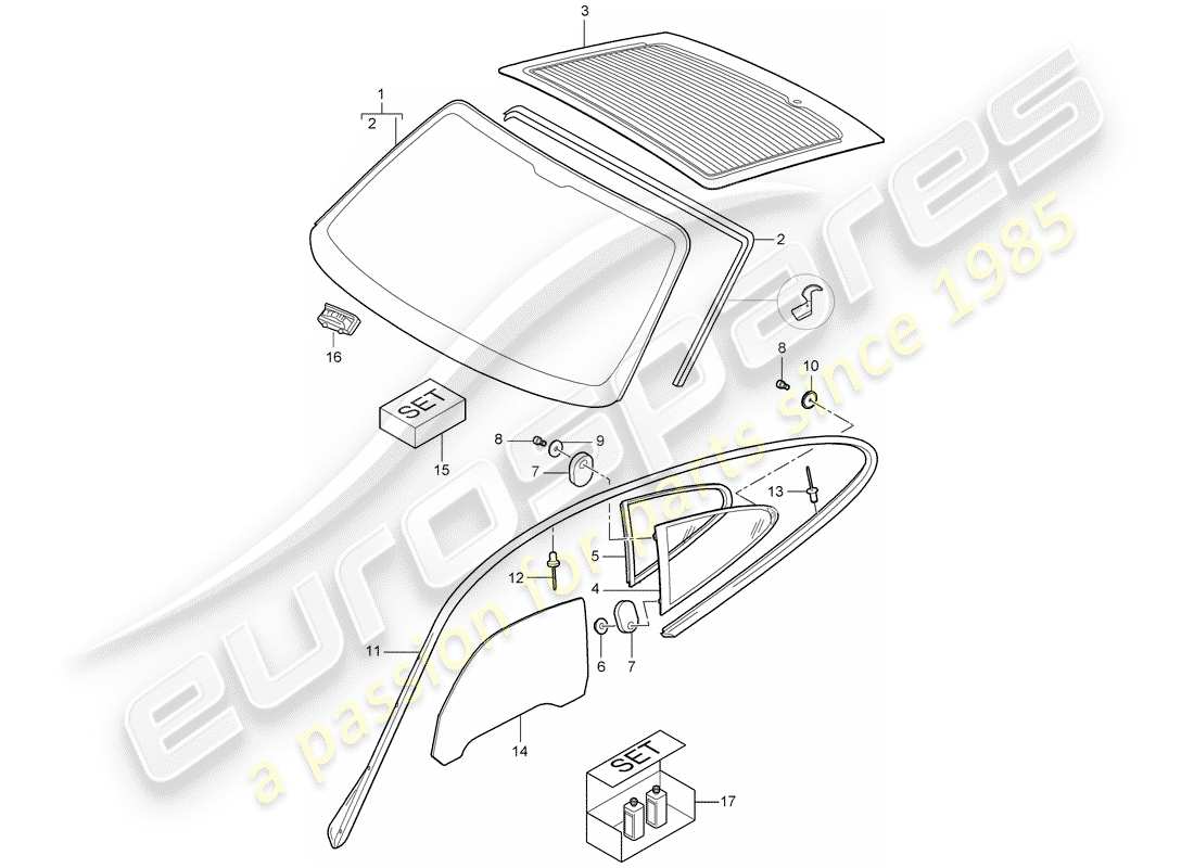 porsche 2011 (997-2 turbo / gt2 rs) window glazing parts diagram