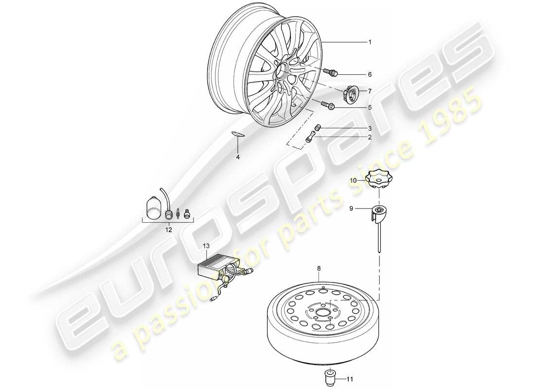 porsche 2006 (cayenne e1 9pa) aluminium rim spare wheel cover cap part diagram