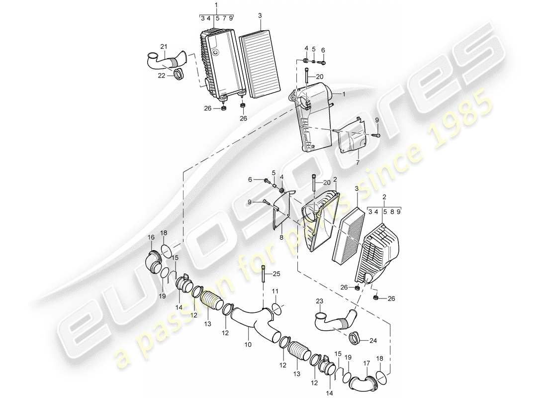 porsche 2006 (cayenne e1 9pa) air filter with connecting parts part diagram