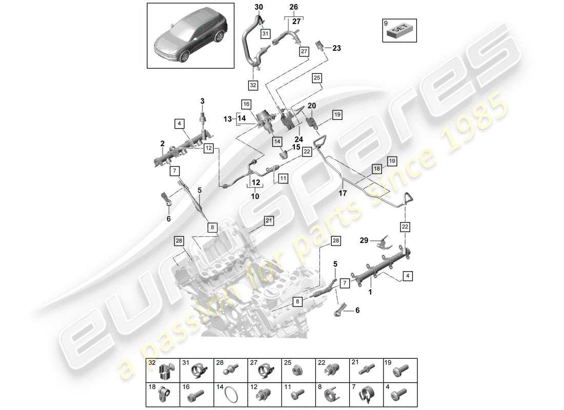 porsche 2019 (cayenne e3 9ya/9yb) fuel collection pipe high-pressure injector high pressure pump parts diagram