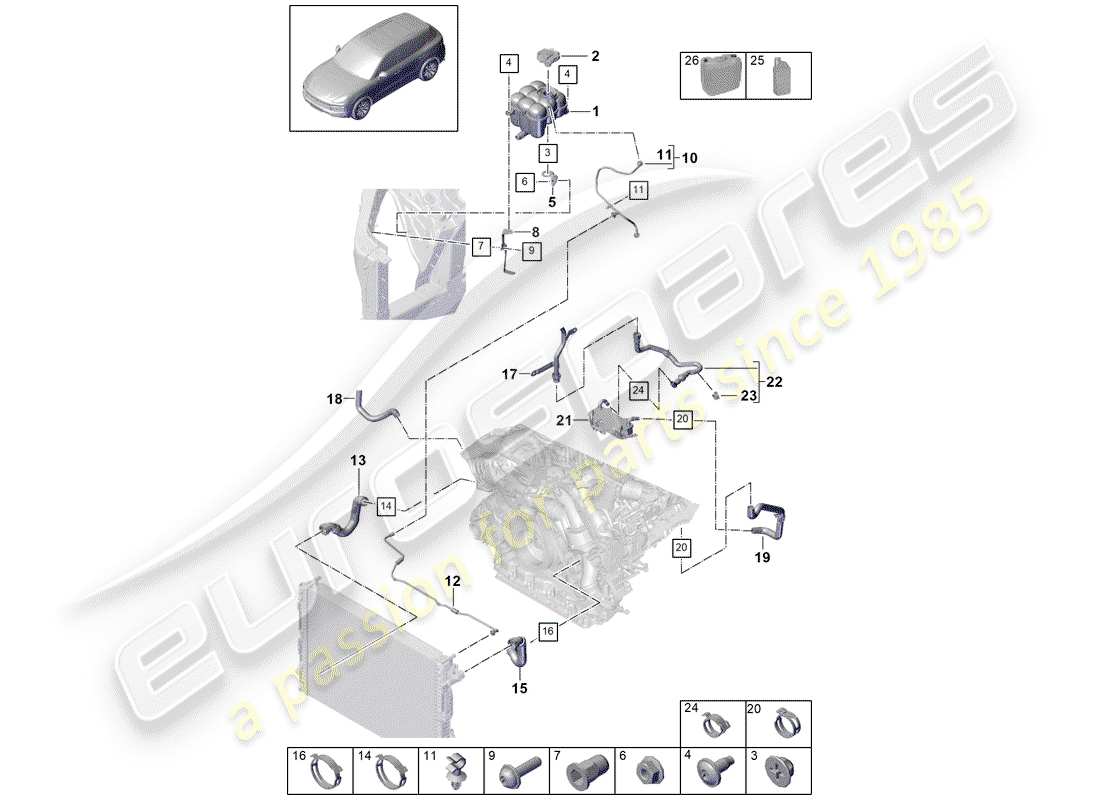 porsche 2019 (cayenne e3 9ya/9yb) coolant cooling system coolant expansion tank coolant pipe parts diagram
