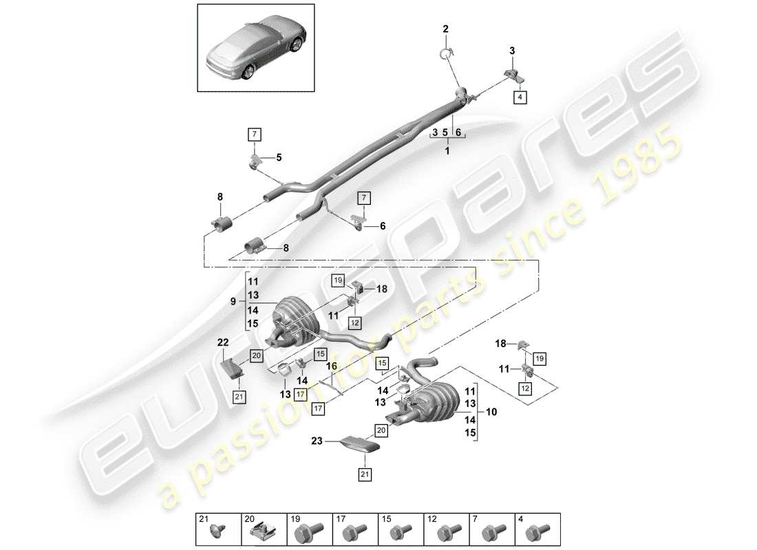 porsche 2019 (panamera 971-1) exhaust system front silencer rear silencer tailpipe part diagram