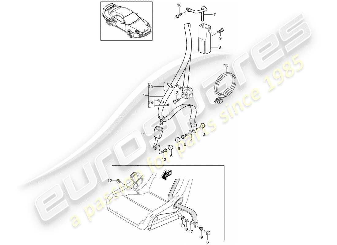porsche 2013 (997-2 turbo / gt2 rs) seat belt parts diagram