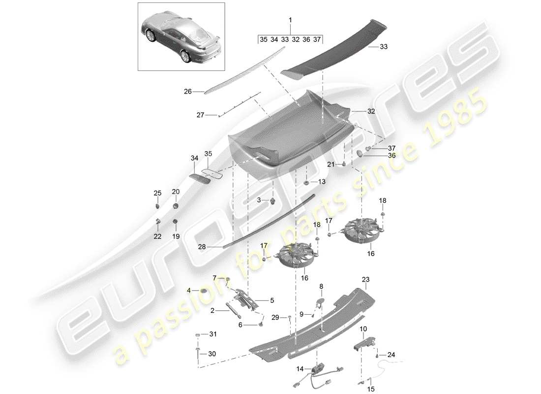 porsche 2014 (991-1 r/gt3/rs) rear spoiler rear d >>- mj 2017 part diagram
