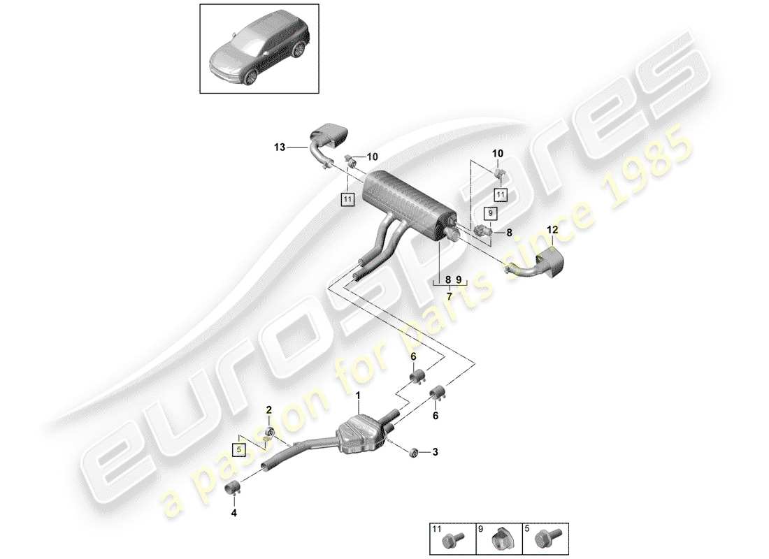 porsche 2020 (cayenne e3 9ya/9yb) exhaust system front silencer rear silencer tailpipe part diagram