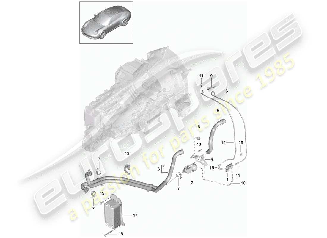 porsche 2016 (991-1) manual gearbox heat exchanger oil pipe water pipe parts diagram