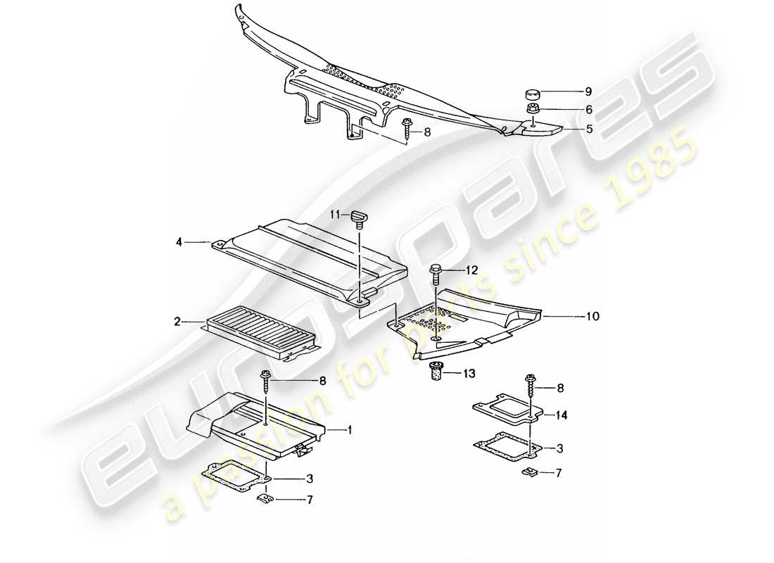 porsche 2000 (986 boxster) dust and pollen filter insert covers scuttle parts diagram