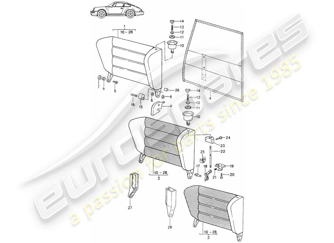 porsche seat 944/968/911/928 (1997) emergency seat backrest - with: - release button - - d - mj 1991>> - mj 1994 parts diagram