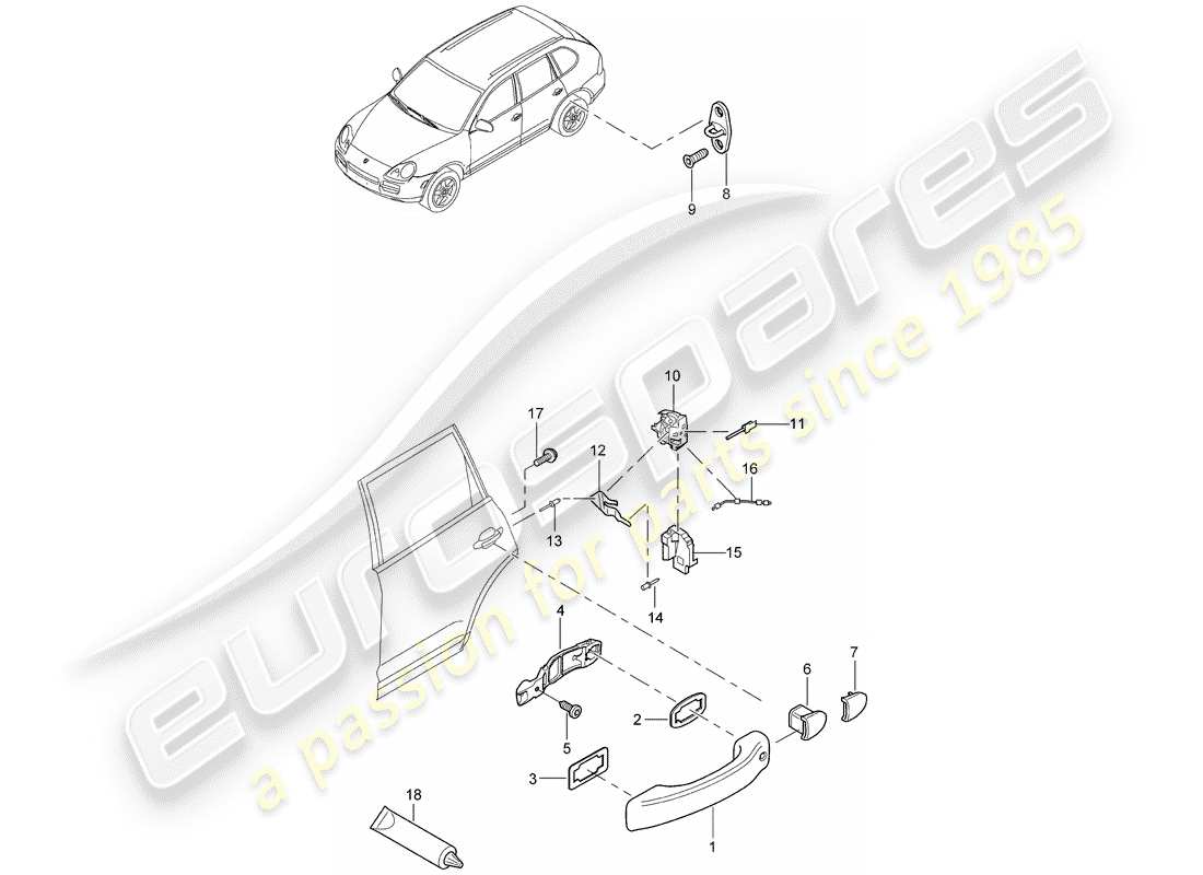 porsche 2006 (cayenne e1 9pa) door handle, exterior rear door lock part diagram