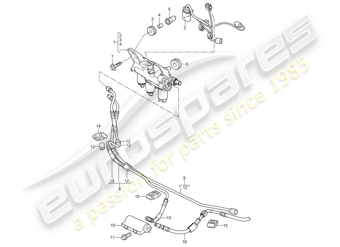 porsche 2010 (cayenne e1 9pa) anti-roll bar valve block junction pressure line parts diagram