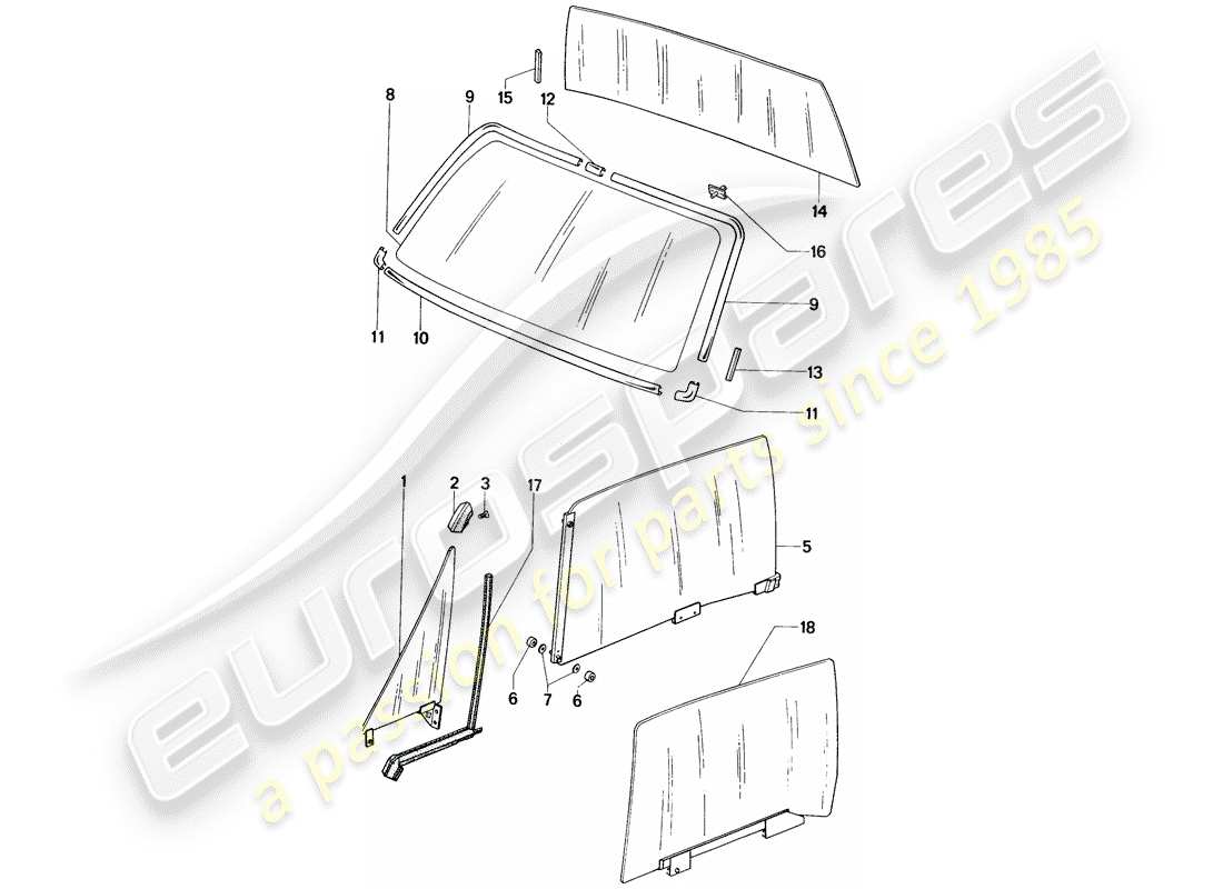porsche 1970 (914) window glasses parts diagram