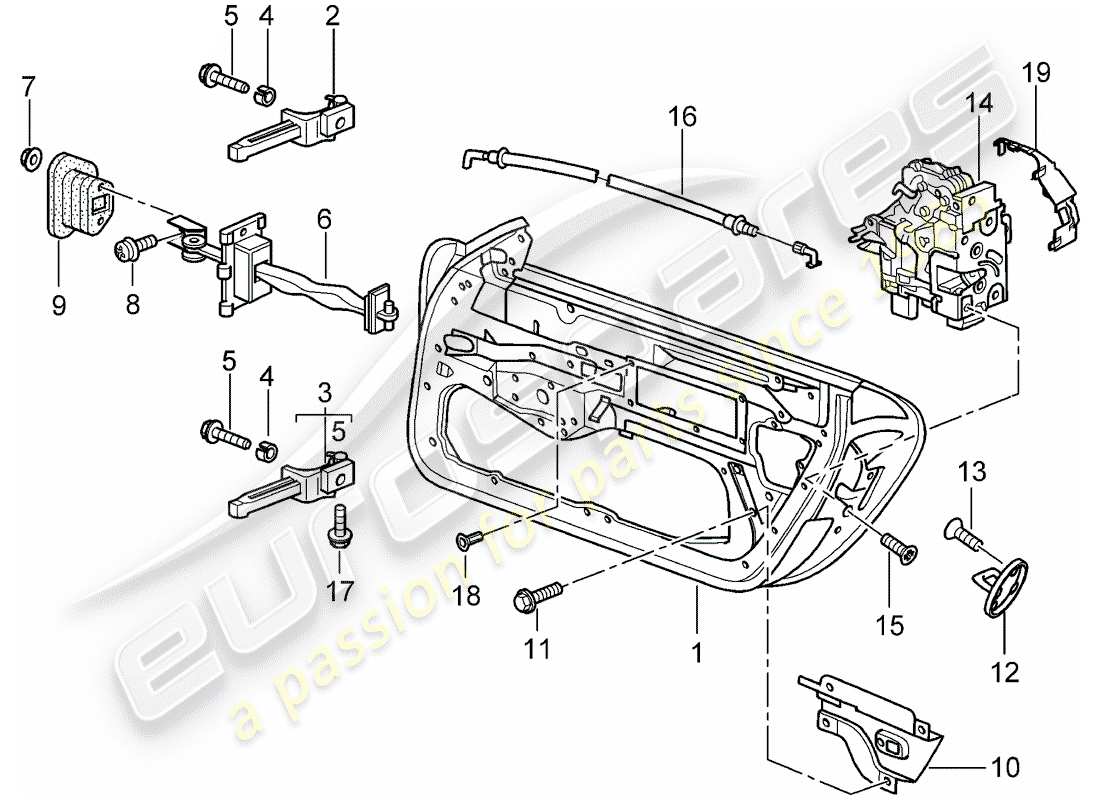 porsche 2003 (996 turbo / gt2) door shell - installation parts - door latch part diagram