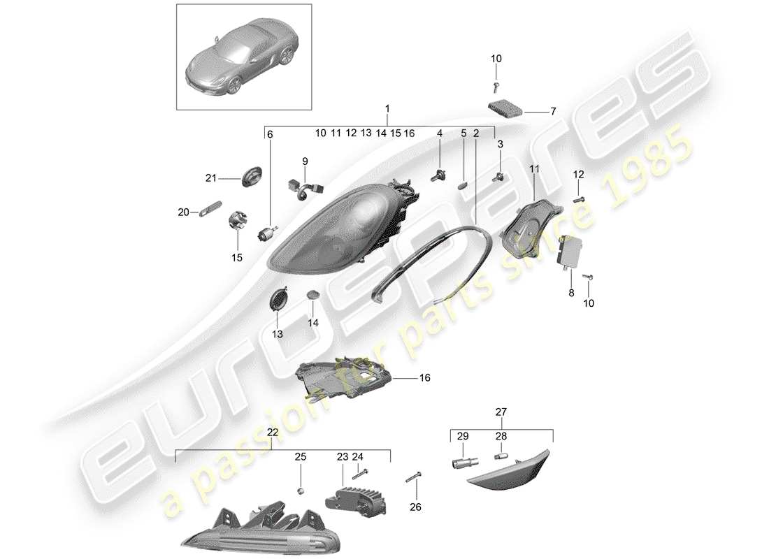 porsche 2015 (981 boxster) headlights with: (cornering light) dynamic additional headlight turn signal indicator side marker light turn signal repeater parts diagram