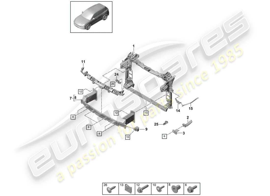porsche 2018 (cayenne e3 9ya/9yb) bumper front and mounting bracket parts diagram