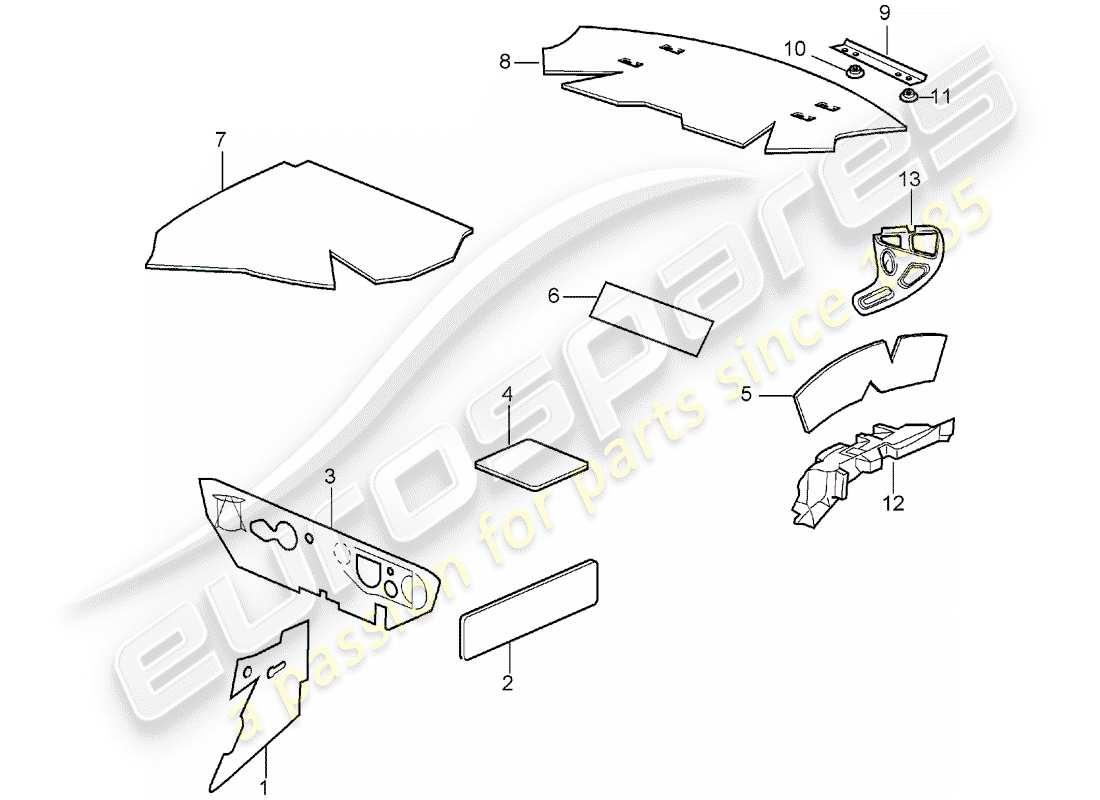 porsche 996 (2001) body shell - sound absorbers parts diagram