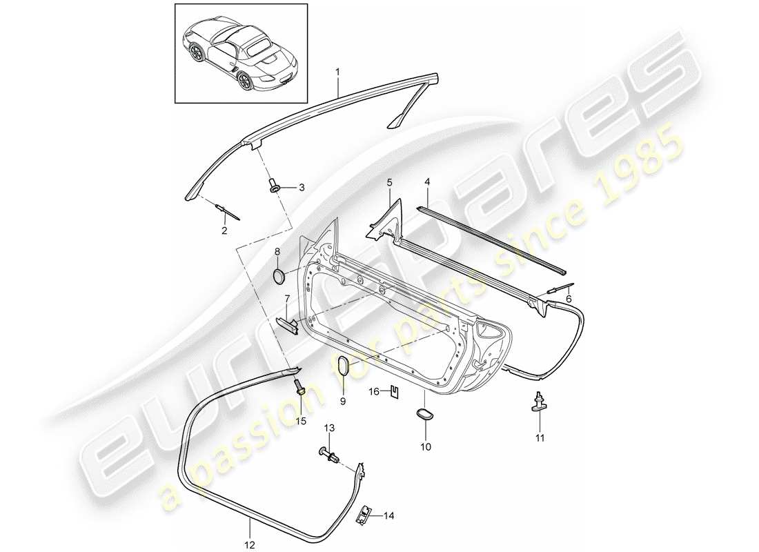 porsche 2009 (987 boxster) door seal seal windshield frame parts diagram