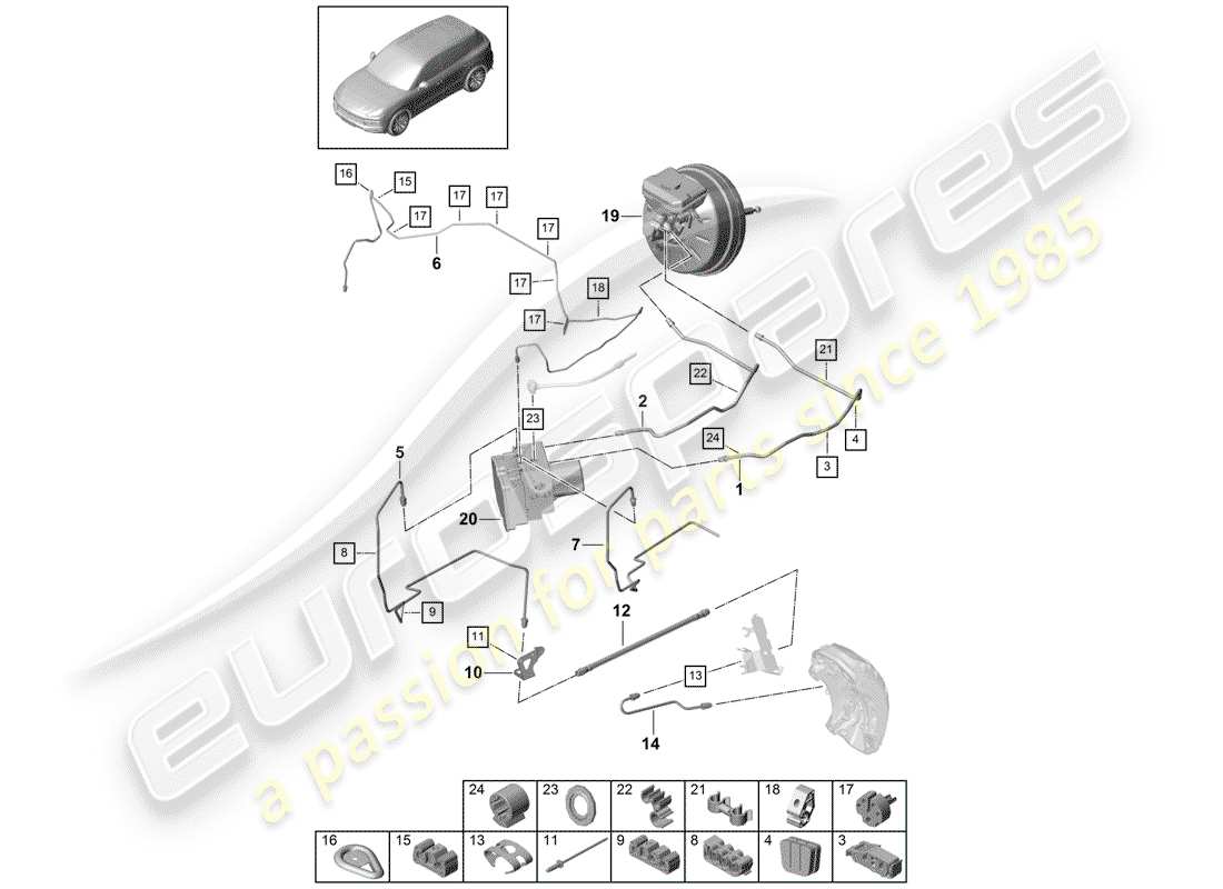 porsche 2018 (cayenne e3 9ya/9yb) brake line front end parts diagram