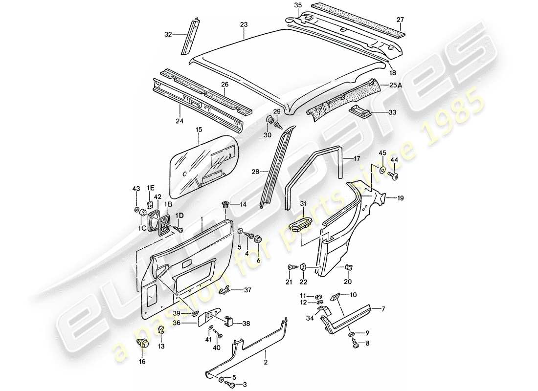 porsche 1991 (944) door panel - roof trim panel part diagram
