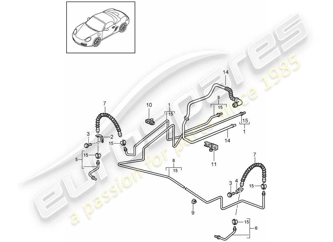 porsche 2009 (987 boxster) brake line underbody rear axle vacuum line parts diagram