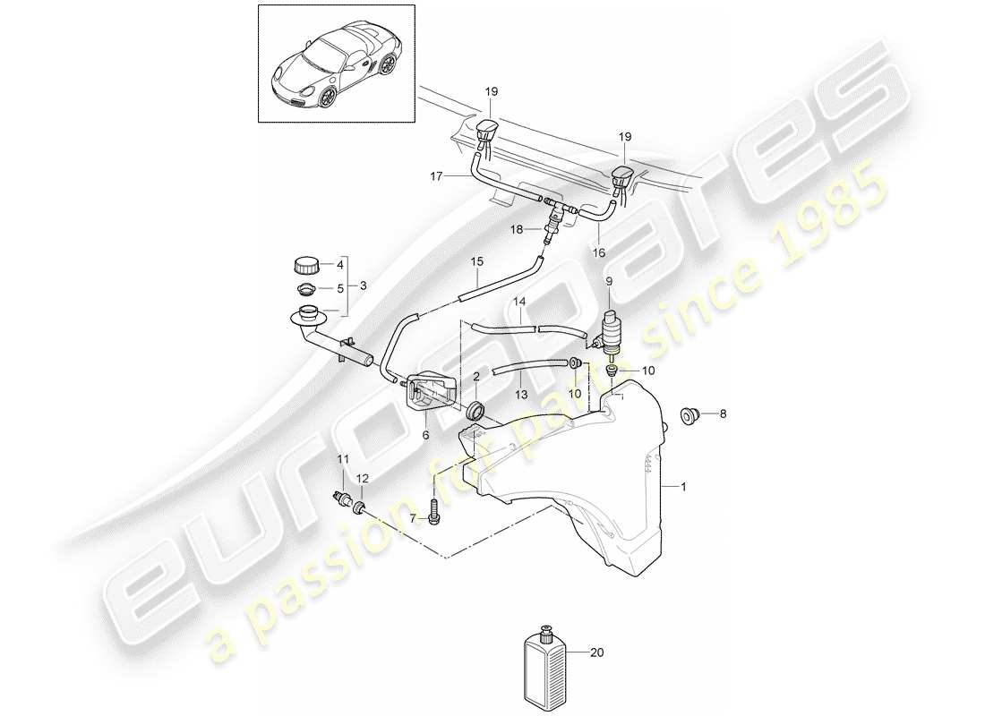 porsche 2009 (987 boxster) windscreen washer system parts diagram