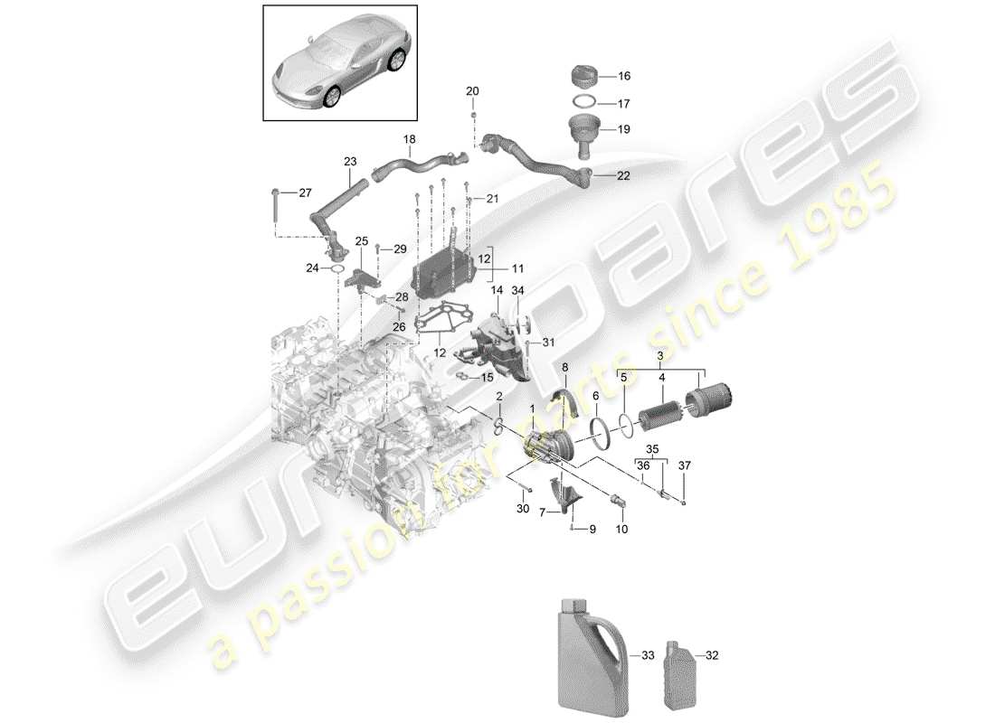 porsche 2017 (718 cayman) engine (oil press./lubrica.) oil filter oil filler pipe heat exchanger part diagram