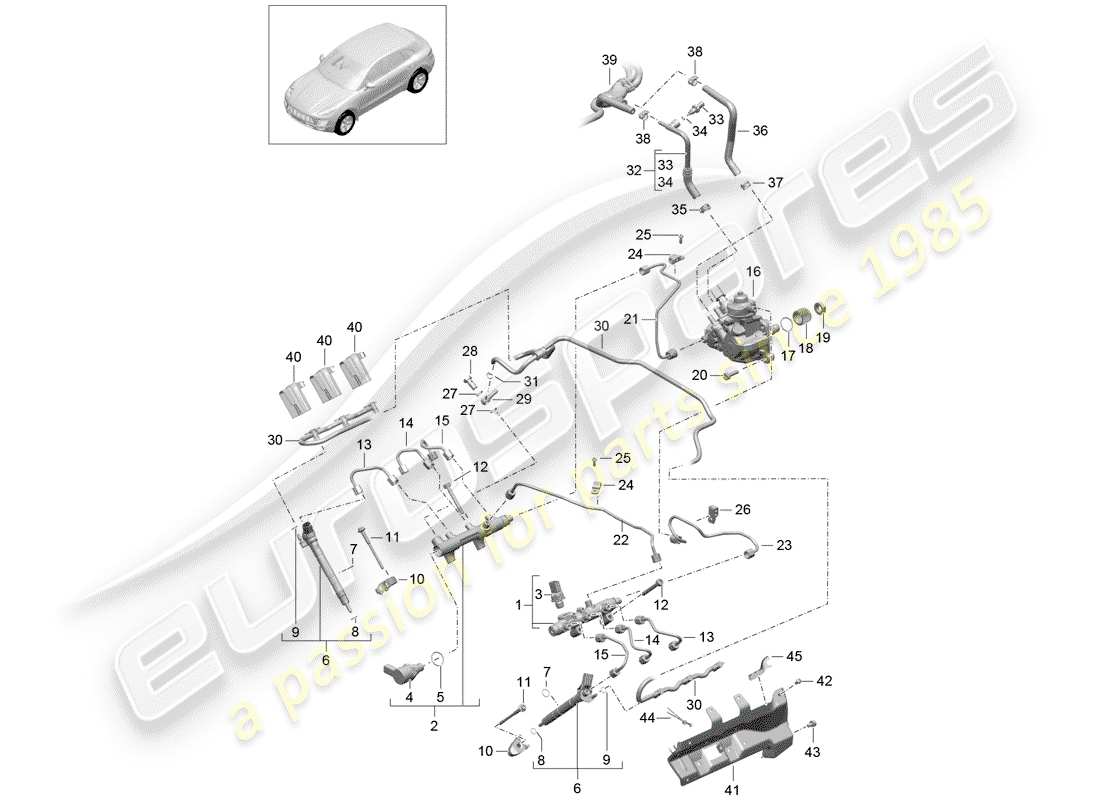 porsche 2018 (macan) fuel collection pipe high-pressure injector high pressure pump part diagram