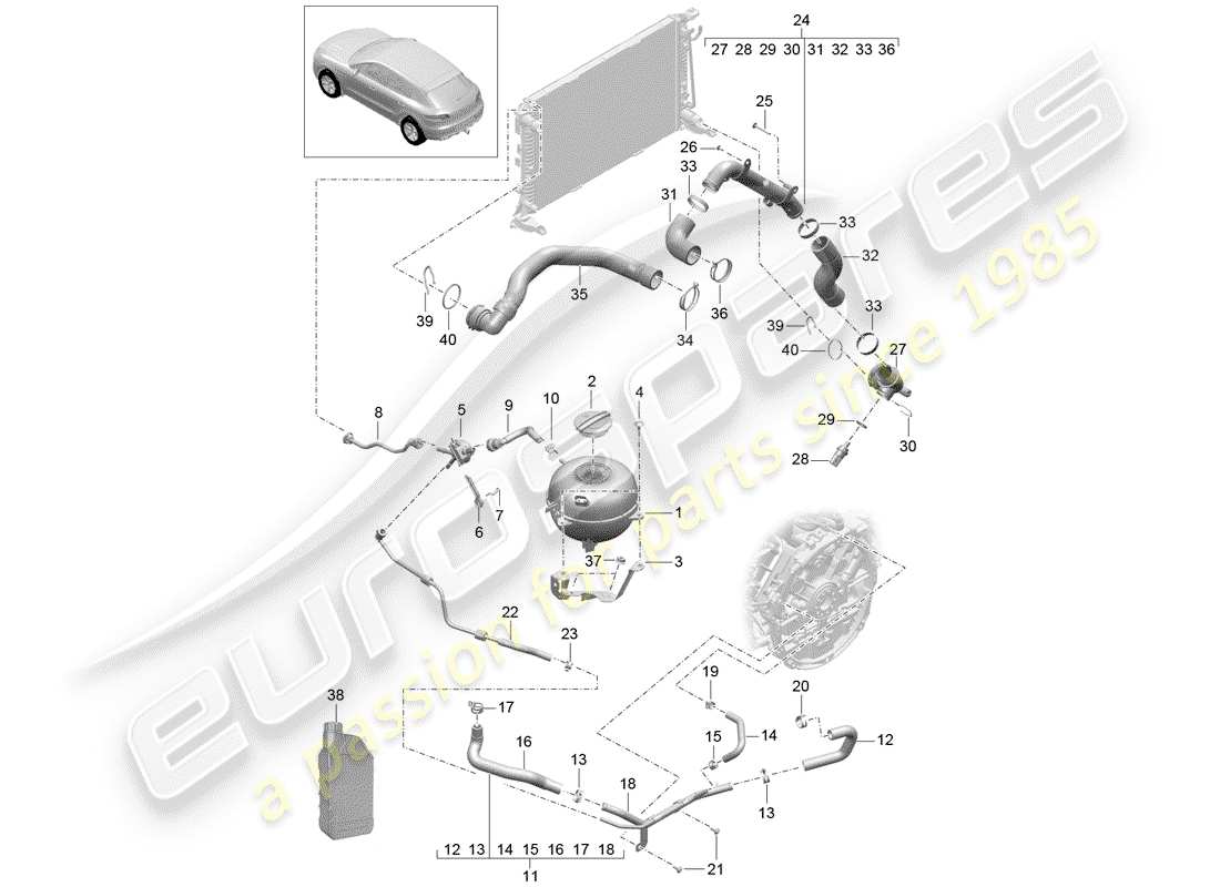 porsche 2018 (macan) coolant cooling system 4 coolant expansion tank part diagram
