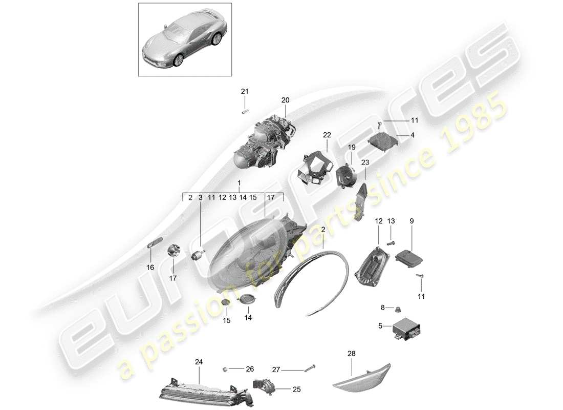 porsche 2016 (991-1 turbo) led headlight additional headlight turn signal indicator side marker light turn signal repeater d - mj 2017>> part diagram