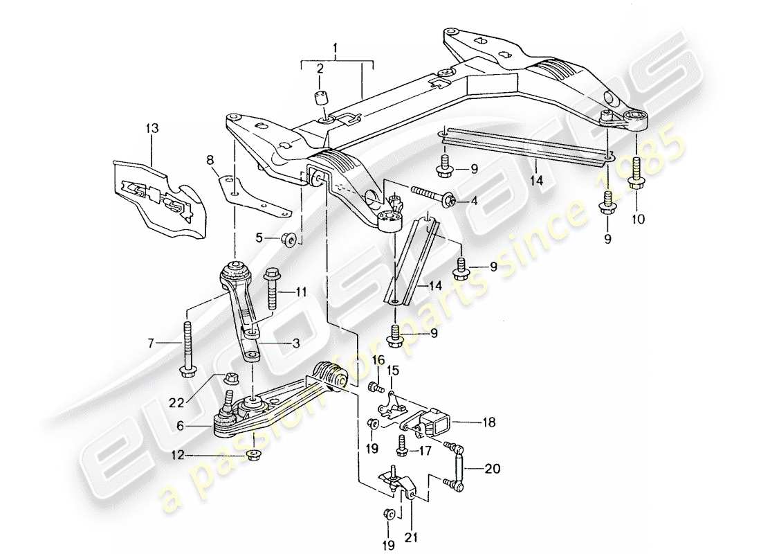 porsche boxster 986 (1999) cross member - track control arm parts diagram