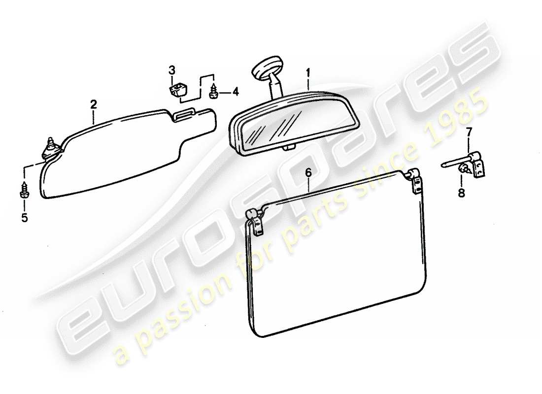 porsche 1995 (928) sun vizor - rear view mirror inner parts diagram