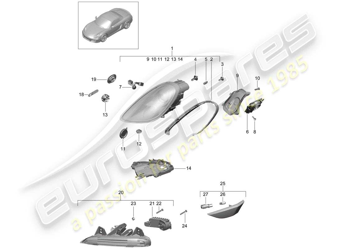 porsche 2014 (981 boxster) headlights additional headlight turn signal indicator side marker light turn signal repeater parts diagram