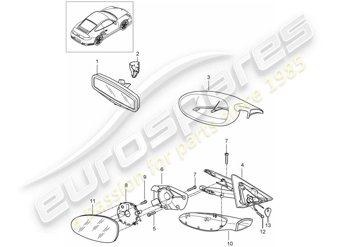 porsche 2009 997-2 turbo / gt2 rear view mirror inner parts diagram