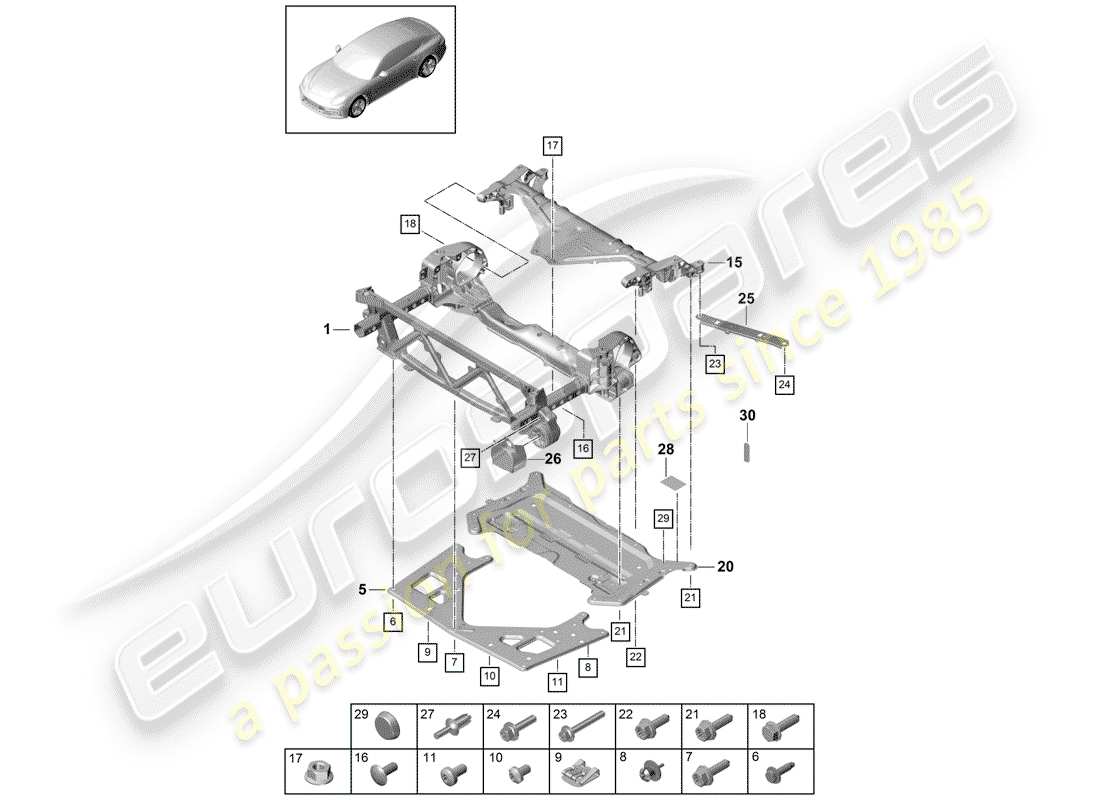 porsche 2019 (panamera 971-1) support frame cross member guard plate part diagram