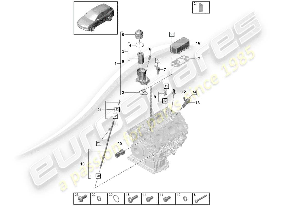 porsche 2020 (cayenne e3 9ya/9yb) oil filter console oil cooler part diagram