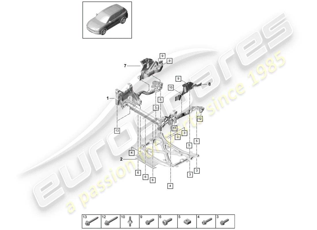 porsche 2020 (cayenne e3 9ya/9yb) support frame suspension sub-frame guard plate part diagram