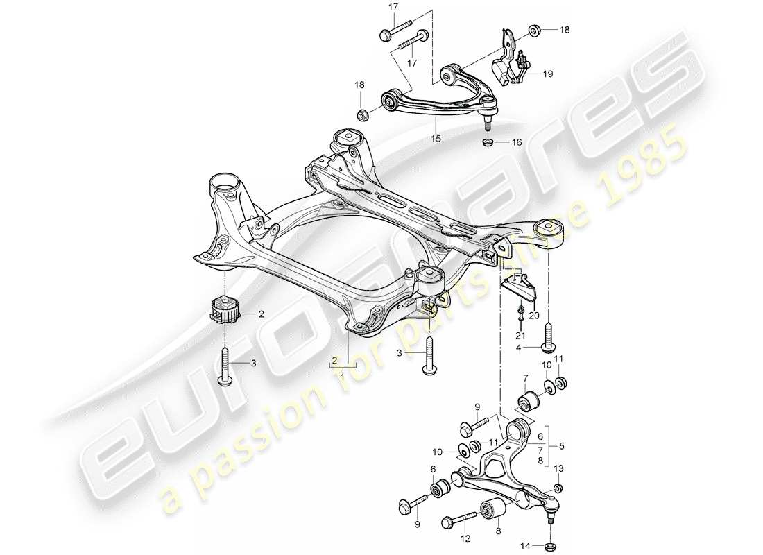 porsche 2007 (cayenne e1 9pa) suspension sub-frame wishbone headlight range control level sensor part diagram